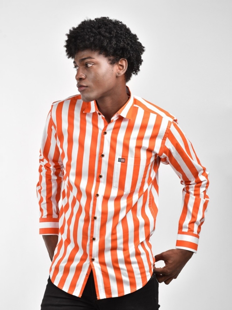 

MR KAMEEJ Men Orange Classic Slim Fit Striped Casual Shirt
