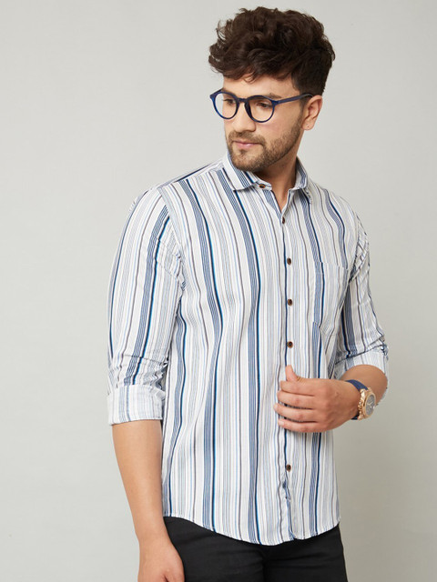 

MR KAMEEJ Men Blue & White Classic Slim Fit Striped Casual Shirt