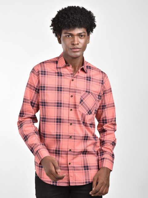 

MR KAMEEJ Men Peach-Coloured Classic Slim Fit Tartan Checks Checked Casual Shirt