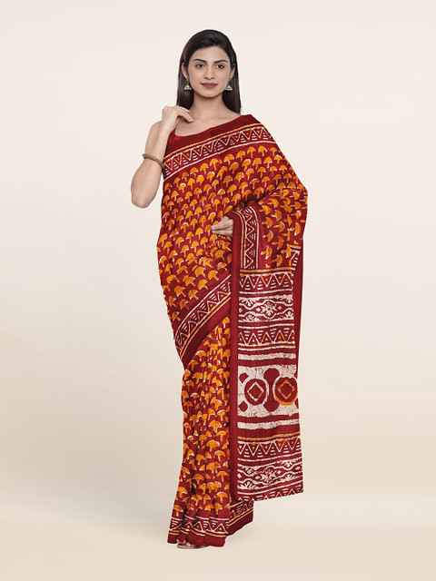 

Pothys Maroon & Orange Ethnic Motifs Printed Saree