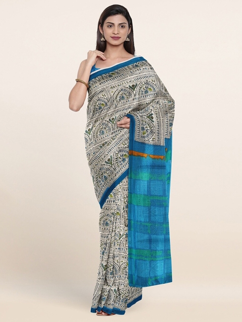 

Pothys Cream-Coloured & Blue Ethnic Motifs Saree