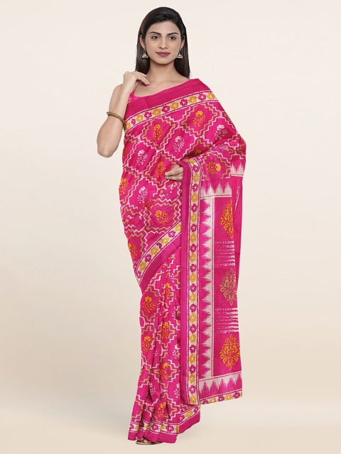 

Pothys Pink & White Ethnic Motifs Cotton Blend Saree