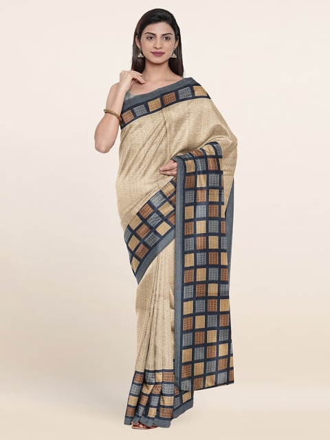 

Pothys Cream-Coloured & Blue Checked Saree
