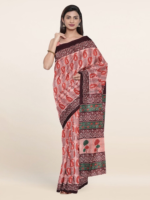 

Pothys Pink & Brown Floral Printed Cotton Blend Saree