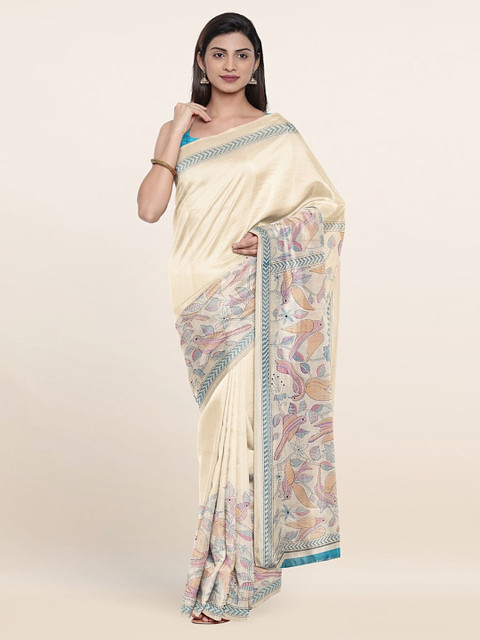 

Pothys Cream-Coloured & Blue Abstract Printed Saree