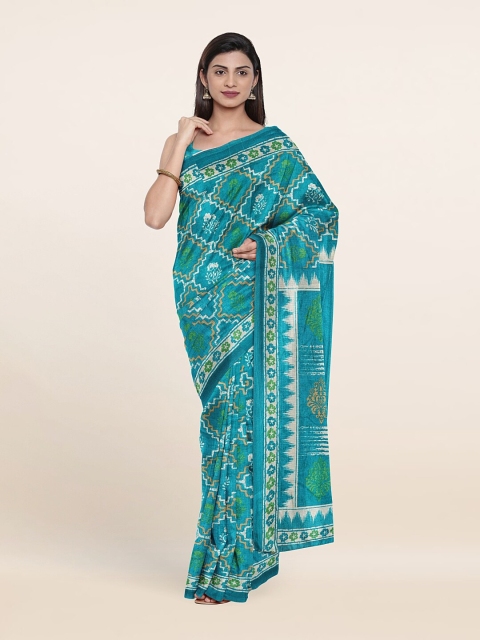 

Pothys Turquoise Blue & White Ethnic Motifs Cotton Blend Saree