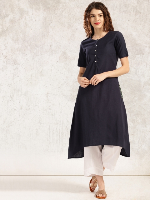 

Anouk Navy Blue Solid A-Line Kurta