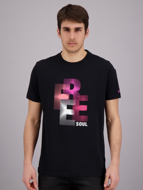 

FREESOUL Men Black Typography Printed Applique T-shirt