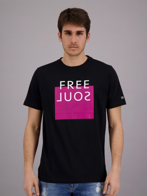 

FREESOUL Men Black Printed Applique T-shirt