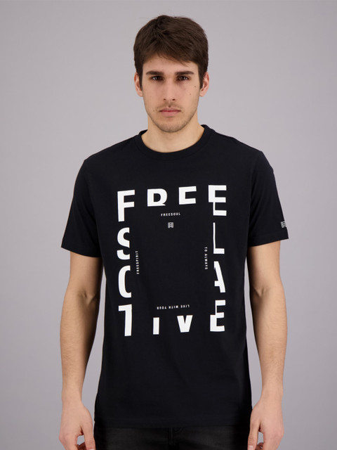 

FREESOUL Men Black Typography Printed Raw Edge T-shirt