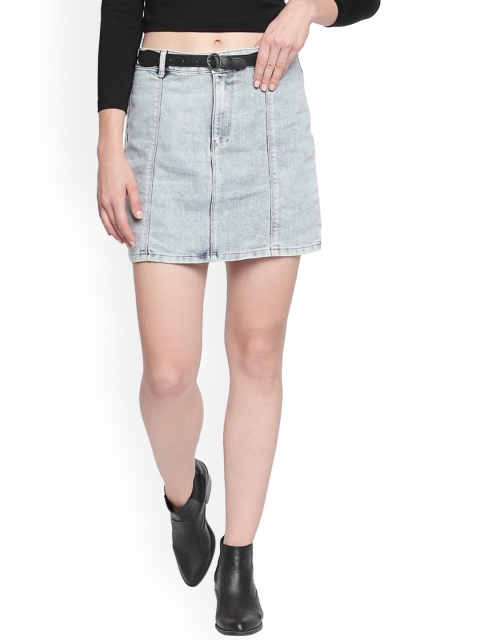 

SPYKAR Women Light-Blue Solid Cotton Straight Mini Skirt