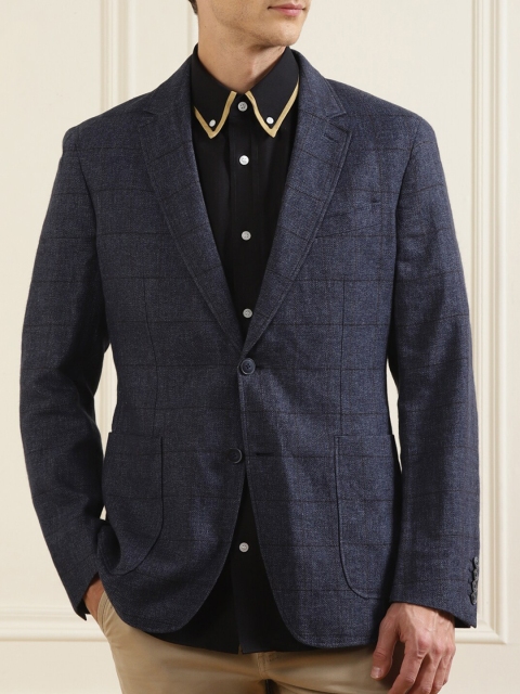 

HACKETT LONDON Men Navy Blue Checked Pure Wool Single-Breasted Casual Blazer