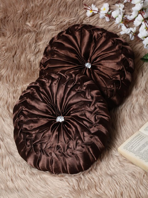 

HOSTA HOMES Set Of 2 Brown Smocking Satin Round Cushions