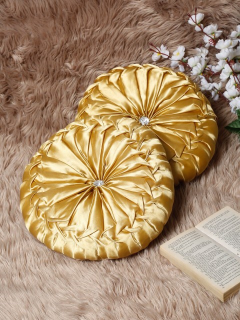 

HOSTA HOMES Set of 2 Golden Self Design Round Shaped Filled Cushions, Gold