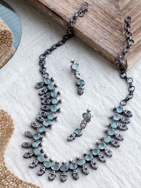 

Infuzze Silver-Plated Blue Stone-Studded Oxidised Jewellery Set