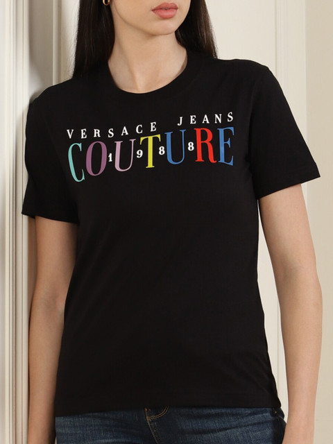 

Versace Jeans Couture Women Black Typography Printed Pure Cotton T-shirt