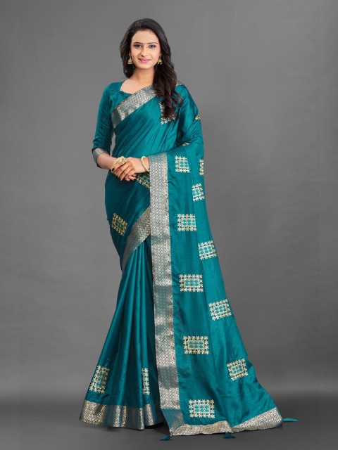 

KALINI Teal Blue & Golden Ethnic Motifs Embroidered Silk Blend Saree