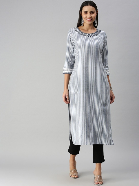 

SHOWOFF Women White & Grey Striped Organic Cotton Kurta