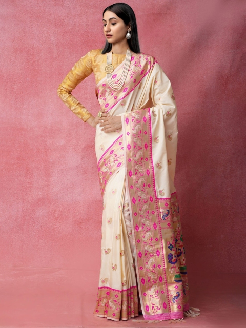 

Unnati Silks Cream-Coloured & Pink Woven Design Zari Silk Blend Banarasi Saree