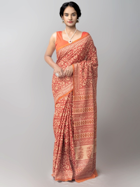 

Unnati Silks Red & Beige Floral Zari Handloom Sustainable Pure Cotton Block Print Saree