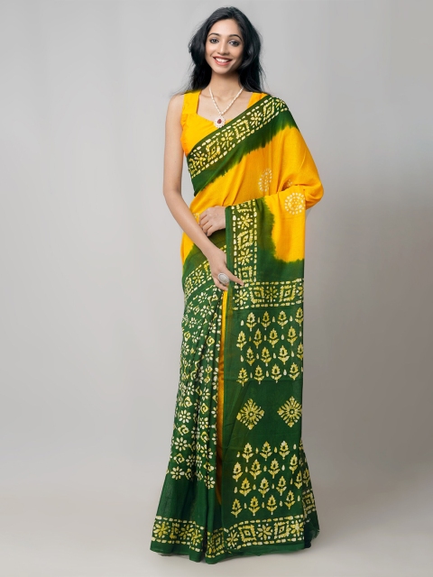 

Unnati Silks Yellow & Green Batik Pure Cotton Kota Saree