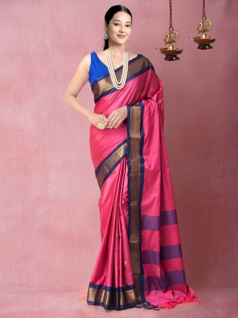 

Unnati Silks Pink & Purple Woven Design Zari Silk Blend Banarasi Saree