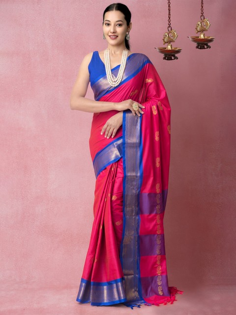

Unnati Silks Pink & Blue Woven Design Zari Silk Blend Banarasi Saree