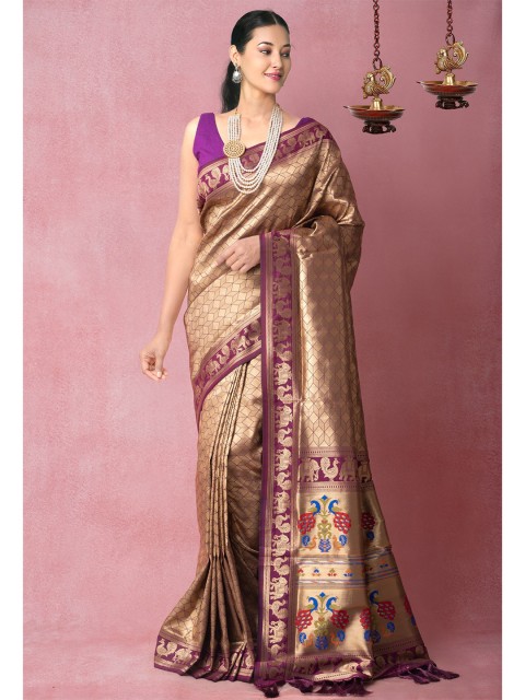 

Unnati Silks Purple & Gold-Toned Kalamkari Zari Banarasi Saree