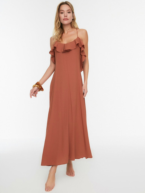

Trendyol Rust Brown Solid Tie-Ups Layered Beach Maxi Dress
