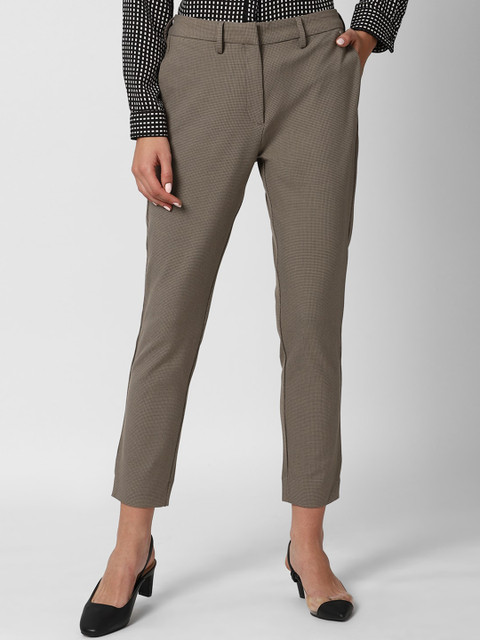 

Van Heusen Woman Women Brown Textured Slim Fit Cropped Cigarette Trousers