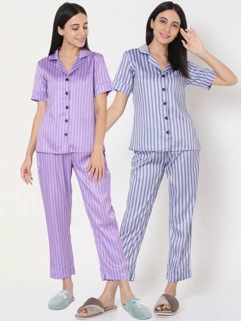 

Smarty Pants Women Purple & Blue Pack of 2 Fall Winter Striped Night suit