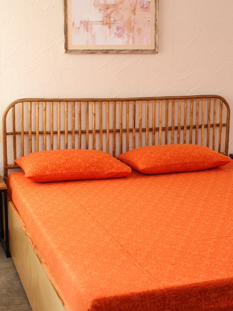 

House This Rust-Orange Printed Pure Cotton Double Queen Bed Cover With Two Pillow Covers