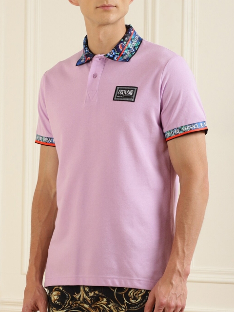 

Versace Jeans Couture Men Lavender Floral Printed Polo Collar Pure Cotton T-shirt