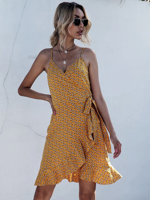 

La Aimee Yellow Printed Tulip Hem Wrap Dress