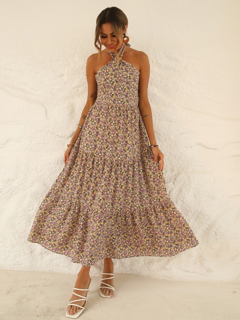 

La Aimee Beige Floral Halter Neck Maxi Dress