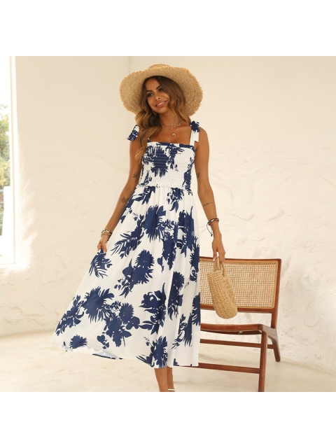

La Aimee White & Navy Blue Tropical Maxi Dress
