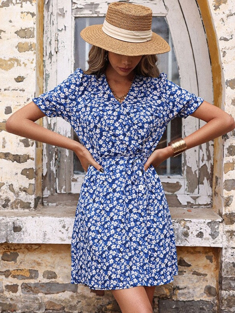 

La Aimee Blue & White Floral Printed Puff Sleeves Wrap Dress