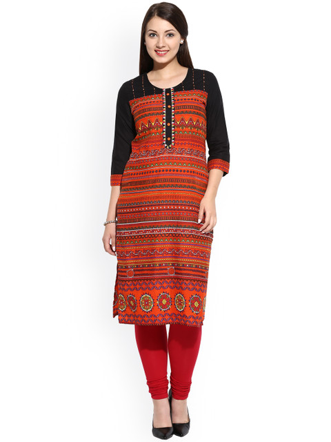 

Avaana Women Orange Printed Straight Kurta