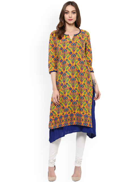 

Avaana Women Mustard Yellow & Blue Printed Straight Kurta