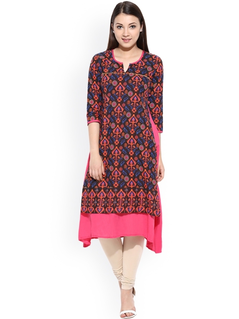 

Avaana Women Black & Pink Floral Printed Straight Kurta