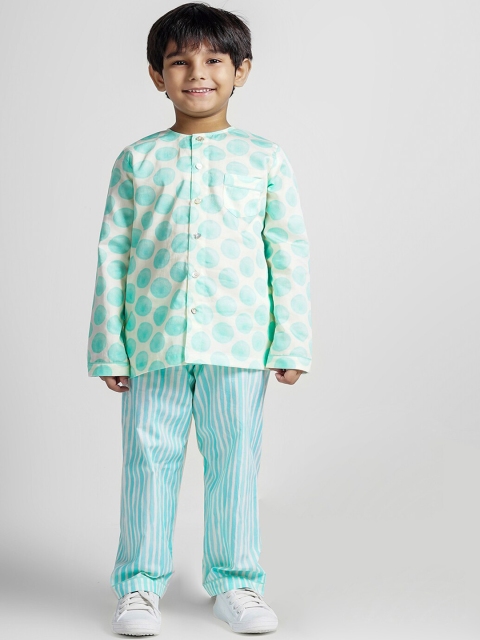 

THE PINK ELEPHANT Unisex Kids Sea Green & White Printed Night suit