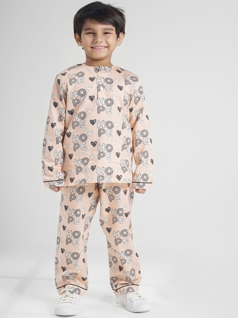 

THE PINK ELEPHANT Kids Peach-Coloured & Black Printed Night Suit