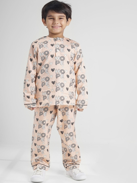 

THE PINK ELEPHANT Unisex Kids Peach-Coloured & Black Printed Night suit
