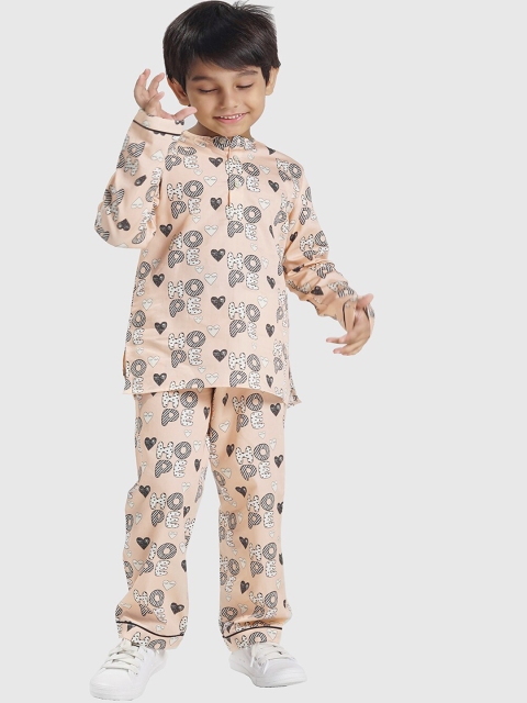 

THE PINK ELEPHANT Kids Peach-Coloured & Black Printed Night suit