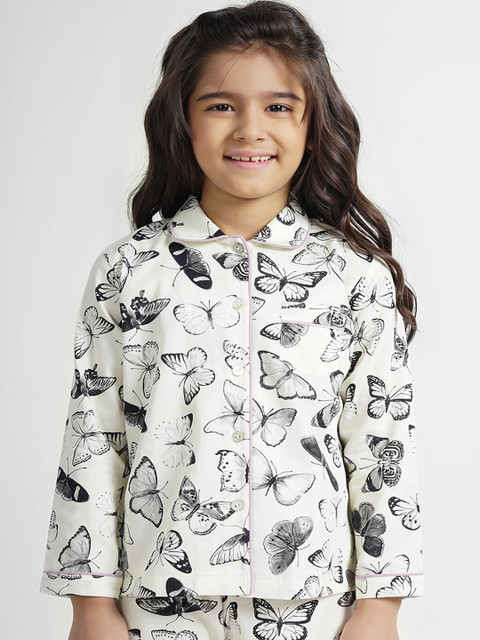 

THE PINK ELEPHANT Unisex Kids Cream-Coloured & Black Printed Night suit