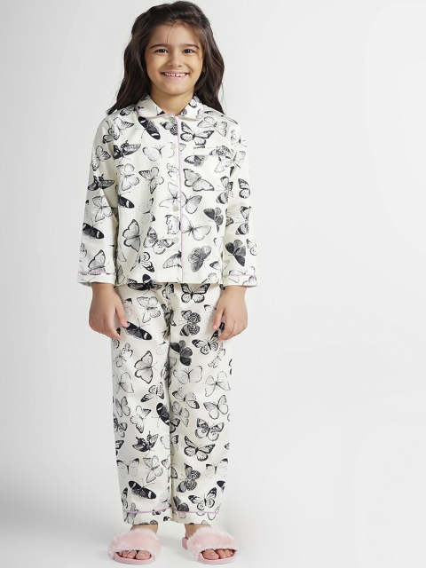 

THE PINK ELEPHANT Girls White & Black Printed Night suit
