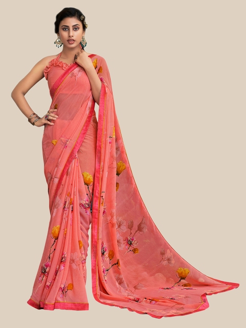 

UNITED LIBERTY Peach-Coloured & Yellow Floral Pure Georgette Block Print Saree