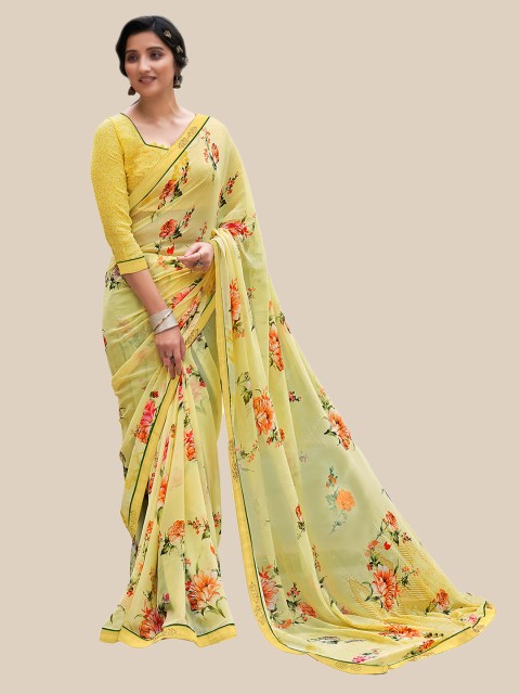 

UNITED LIBERTY Yellow & Orange Floral Pure Georgette Block Print Saree