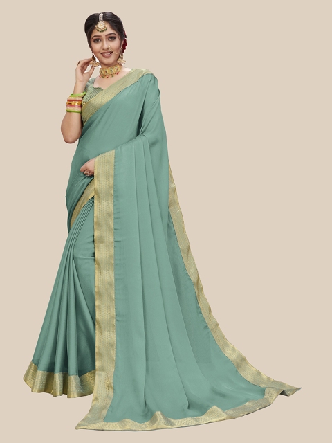 

UNITED LIBERTY Teal & Gold-Toned Zari Art Silk Block Print Saree