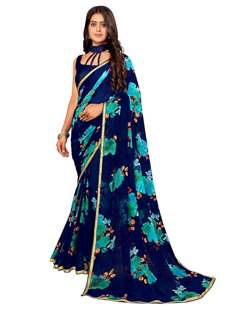 

UNITED LIBERTY Blue & Green Floral Zari Block Print Saree